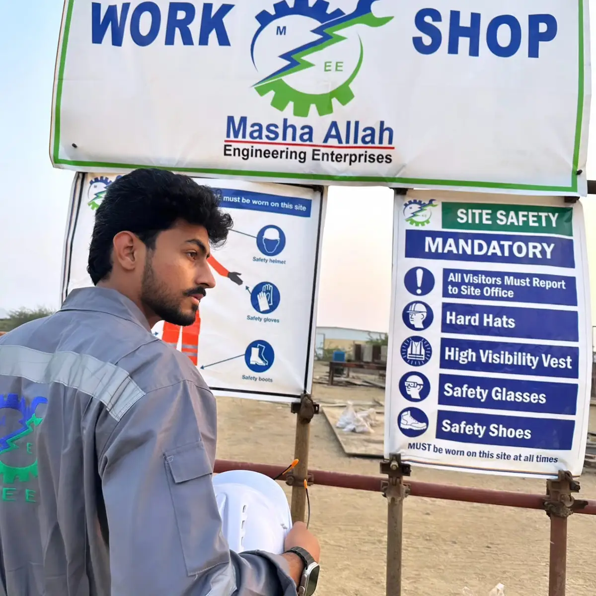Mandatory site safety signage board at the MEEC workshop entrance